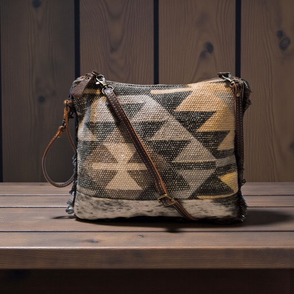 Myra Bag Aztec Print Distinctive Crossbody with Hair-on Leather Western Boho